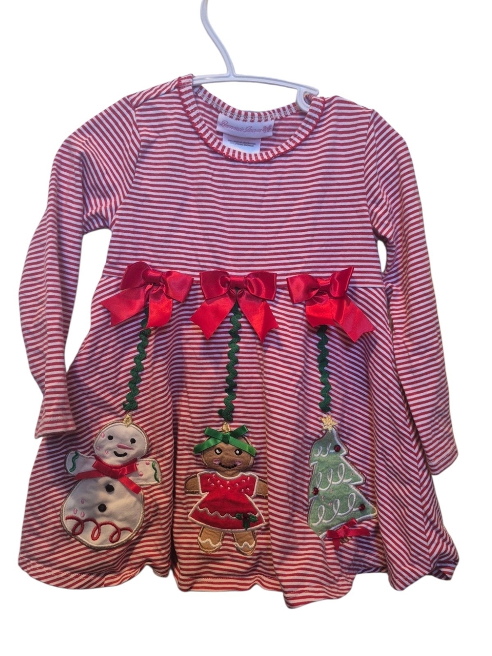Bonnie Jean Red and White Striped Holiday Dress with Festive Appliqués